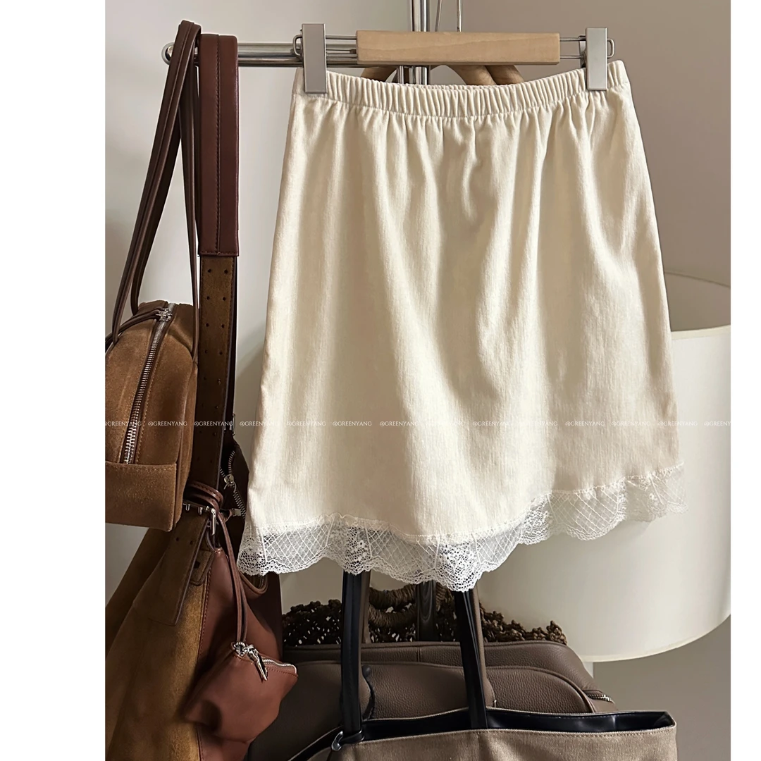 老羊家~2025秋冬新款减龄a字裙丝绒蕾丝拼接下摆松紧腰半身裙女款
