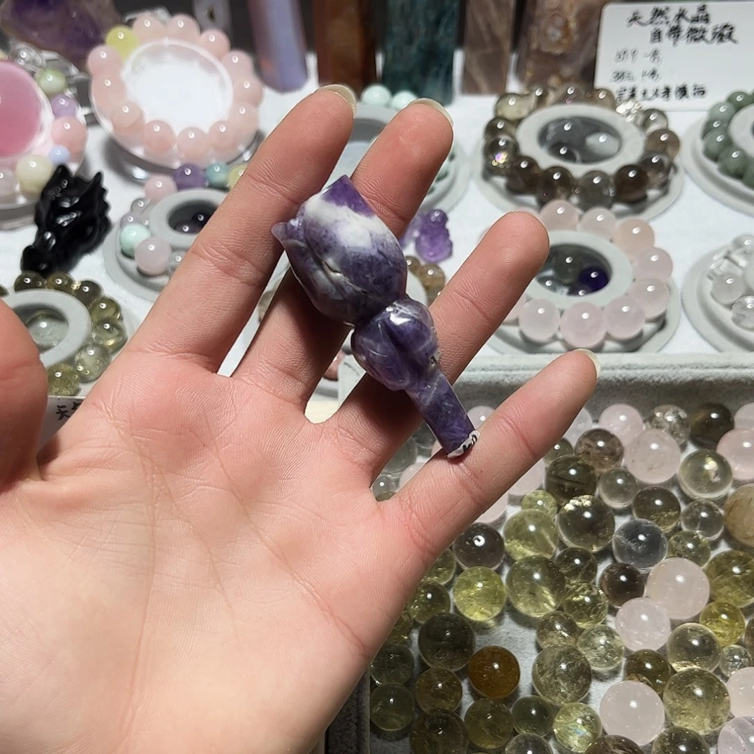 水晶未镶嵌珠宝半成品梦幻紫雕刻件玫瑰花