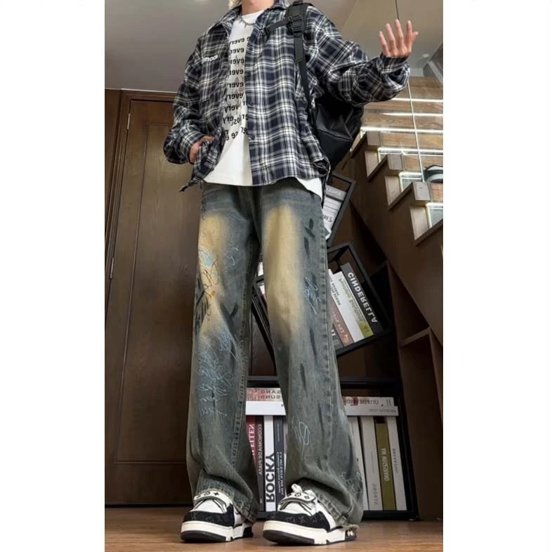 巴黎风格潮牌街头涂鸦手绘破坏做旧水洗宽松牛仔裤男同款拖地裤