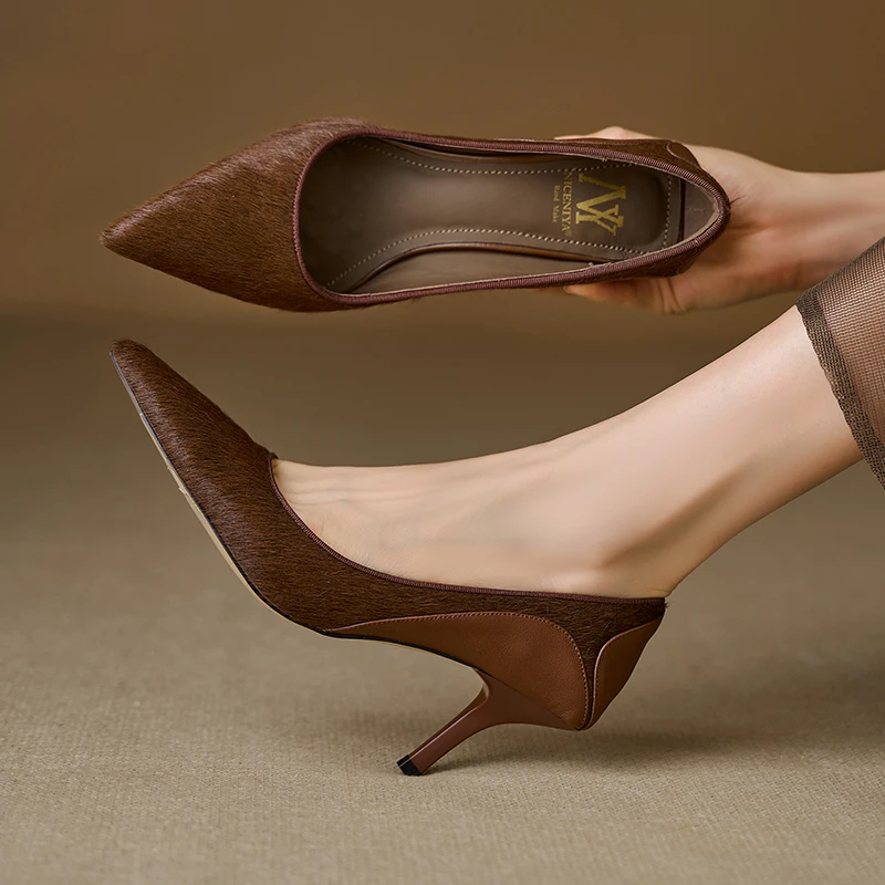 5.5cm设计师款马毛尖头单鞋时尚浅口气质女鞋春秋百搭细跟高跟鞋