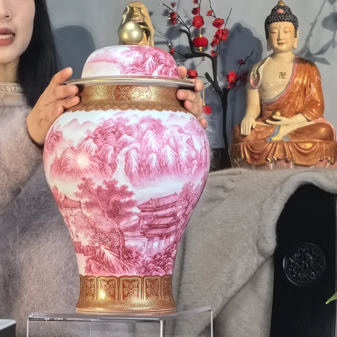 清 珍珠玛瑙红山水楼阁将军罐