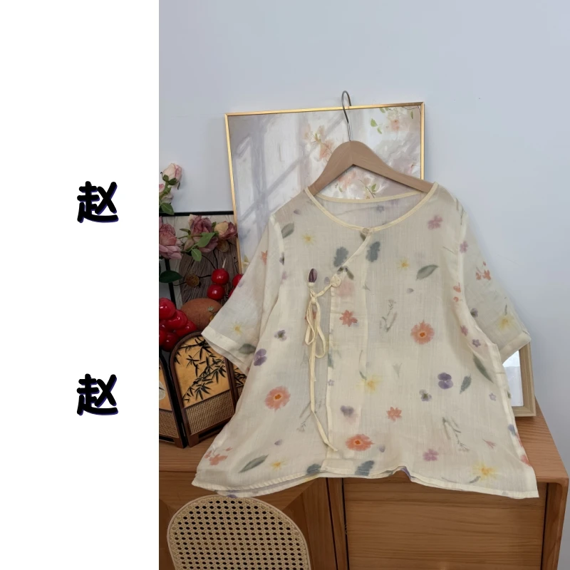 赵赵家【小花花】夏季新款苎麻薄款舒适透气百搭时尚小衫