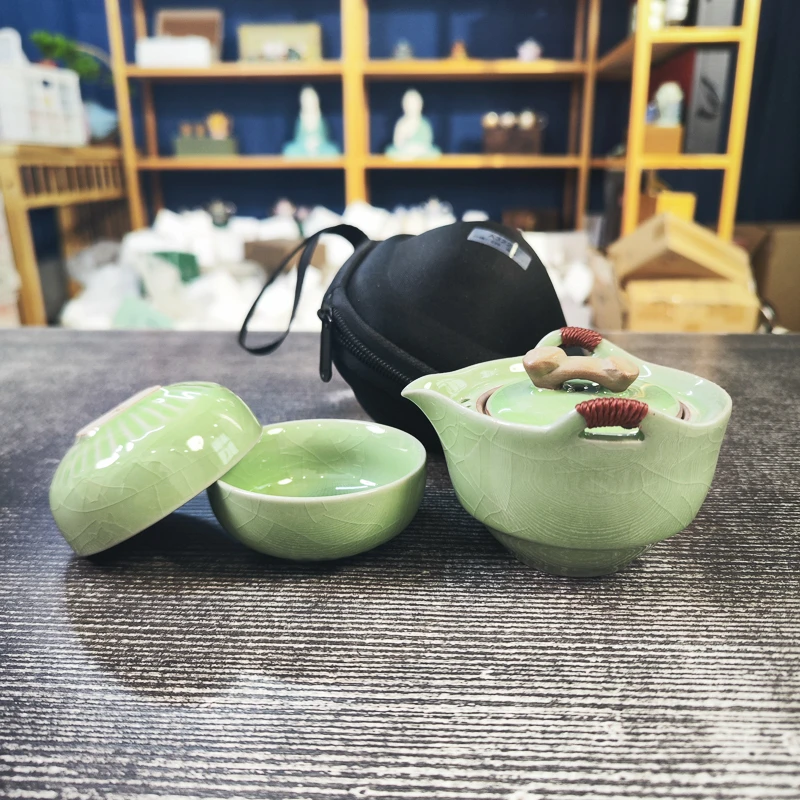 豆绿青如意一壶两杯旅行茶具A3220