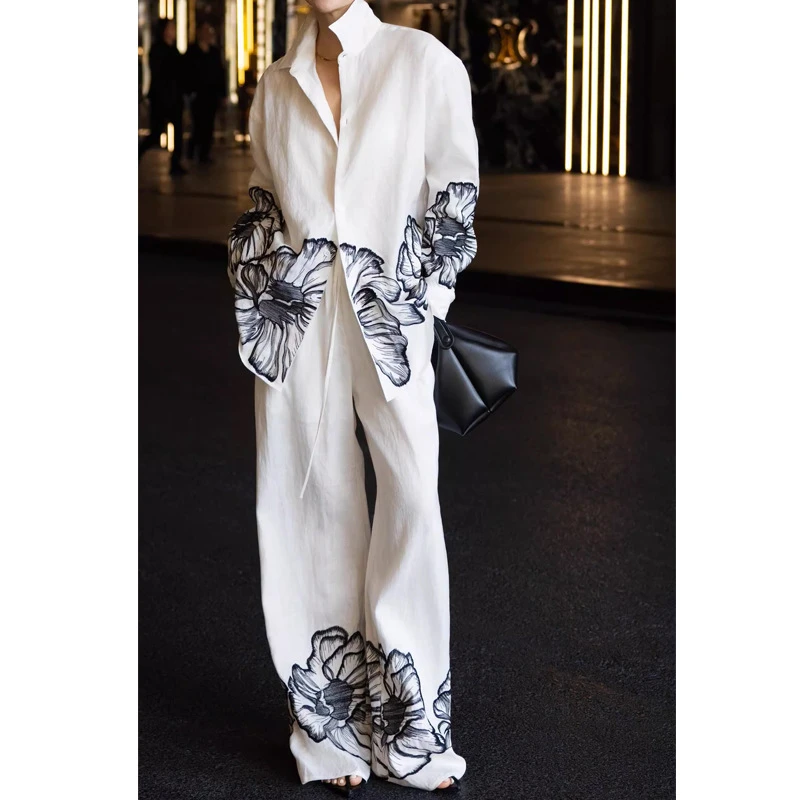 小香风时尚套装女夏季气质名媛欧货高端白色亚麻衬衫阔腿裤两件套