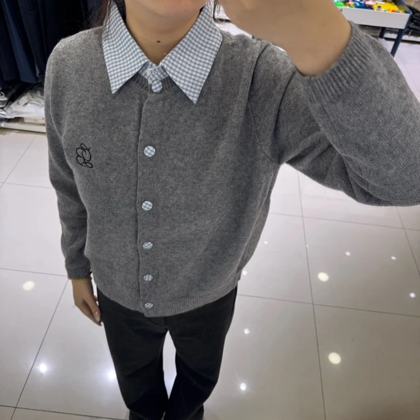 秋冬新款针织学院风假两件POLO翻领开衫外套女