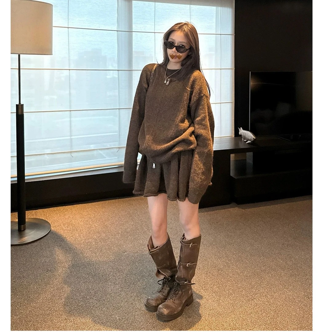 慵懒温柔毛衣套装开衫短裙+立体分割线打底T恤秋冬 #C1513