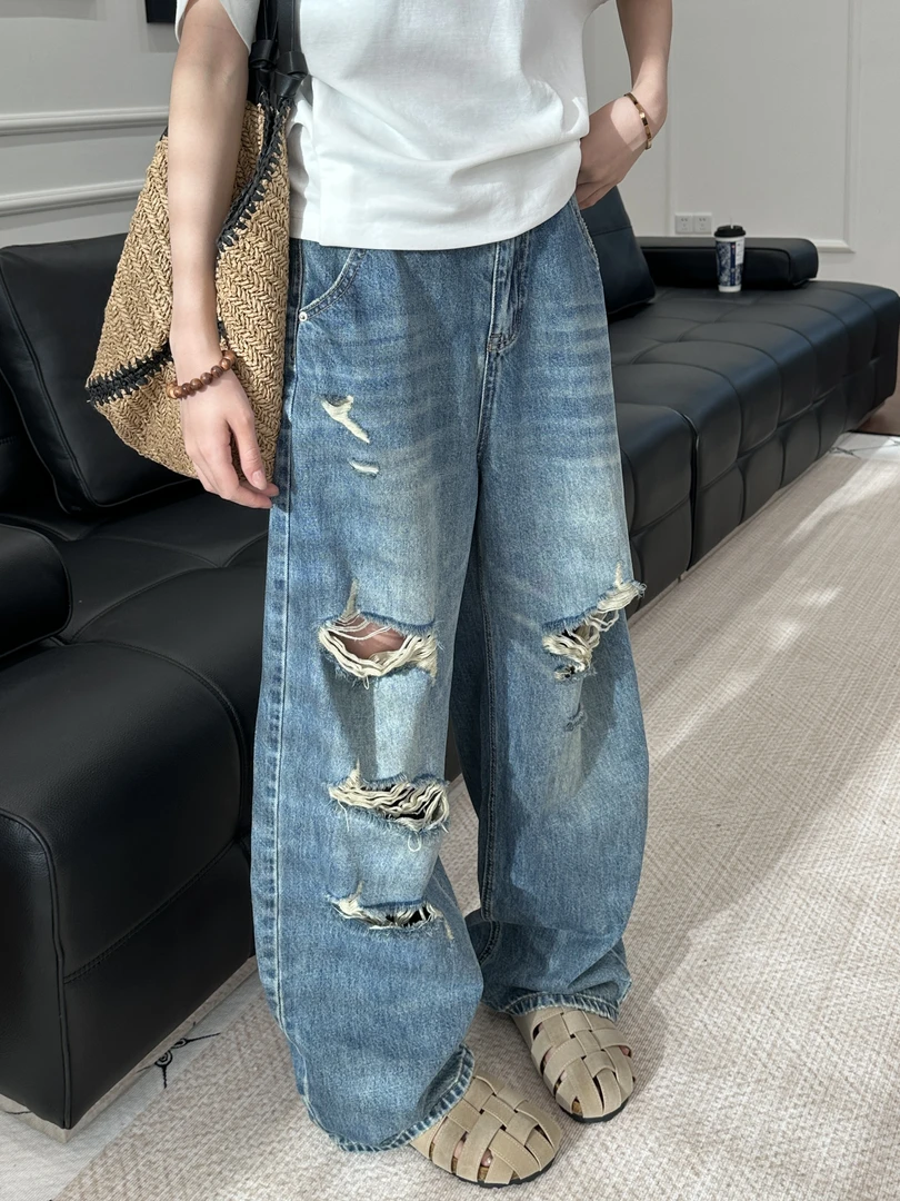 DALIANSU/大脸酥-4449  夏季设计感显瘦破洞阔腿牛仔裤