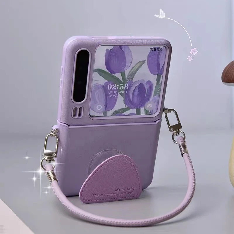 ins紫色皮纹支架适用华为purax折叠屏手机壳小米mixflip手提硬壳