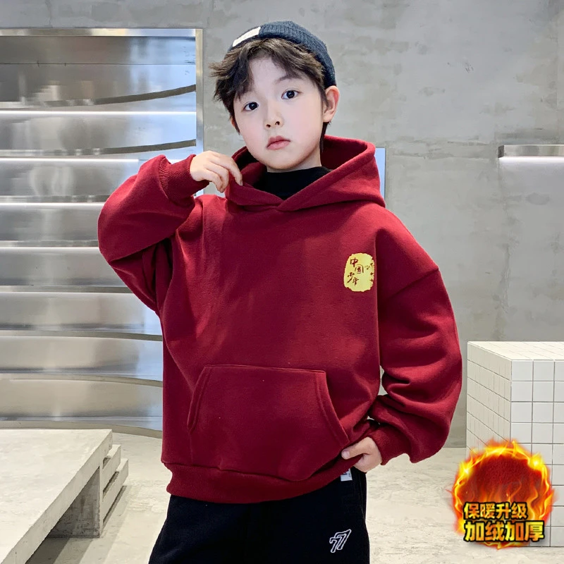 男童加绒连帽卫衣红色儿童拜年服秋冬款中大童打底衫冬季加厚洋气