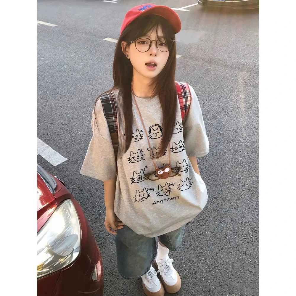 100%纯棉印花短袖T恤女2025美式宽松百搭休闲圆领半袖上衣设计感