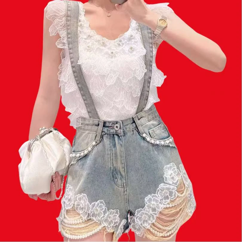 【漫老板】私服 定制欧货重工珍珠3D花朵牛仔背带裤短裤