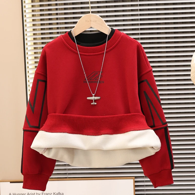 男童冬季加绒红色卫衣2026新款儿童本命年中大童加厚马年拜年服潮