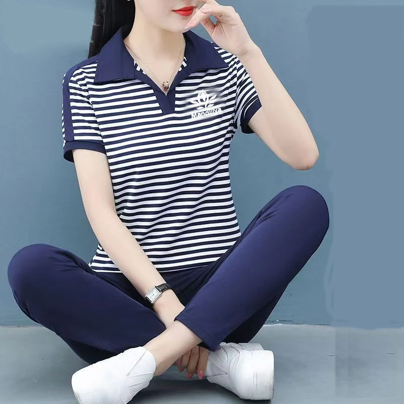 休闲运动服套装女夏季2025新款时尚洋气条纹POLO领短袖大码两件套