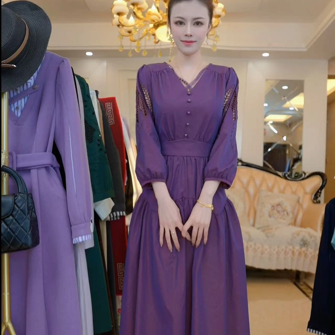 P1010优雅气质收腰显瘦中长款连衣裙时尚大气减龄休闲女装