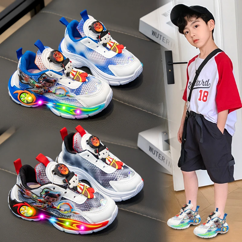 ABC哪吒童鞋男童单网运动鞋2025新款夏季儿童旋转扣发光鞋透气潮