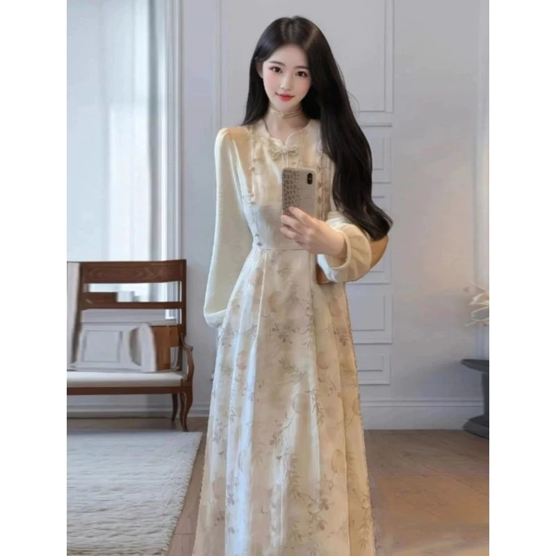 新中式温柔改良旗袍裙名媛高端加绒保暖收腰气质打底连衣裙