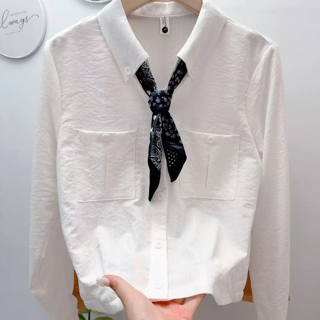 8520法式高级感丝巾长袖衬衫女早秋新款巨好看的独特精致短款上衣