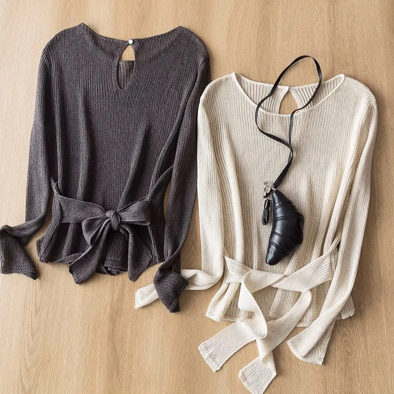 后背镂空绑带长袖冰丝针织衫女夏季设计感露背防晒罩衫空调衫上衣