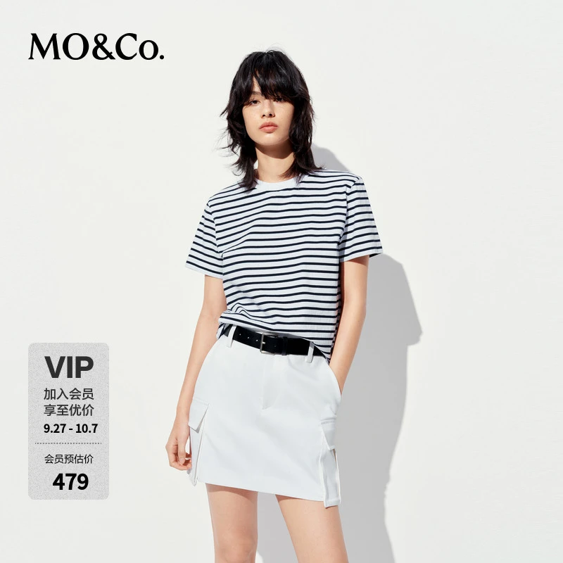 MOCOT恤2025夏新品棉质航海系蓝白条纹织唛宽松H型圆领MBE2TEET06