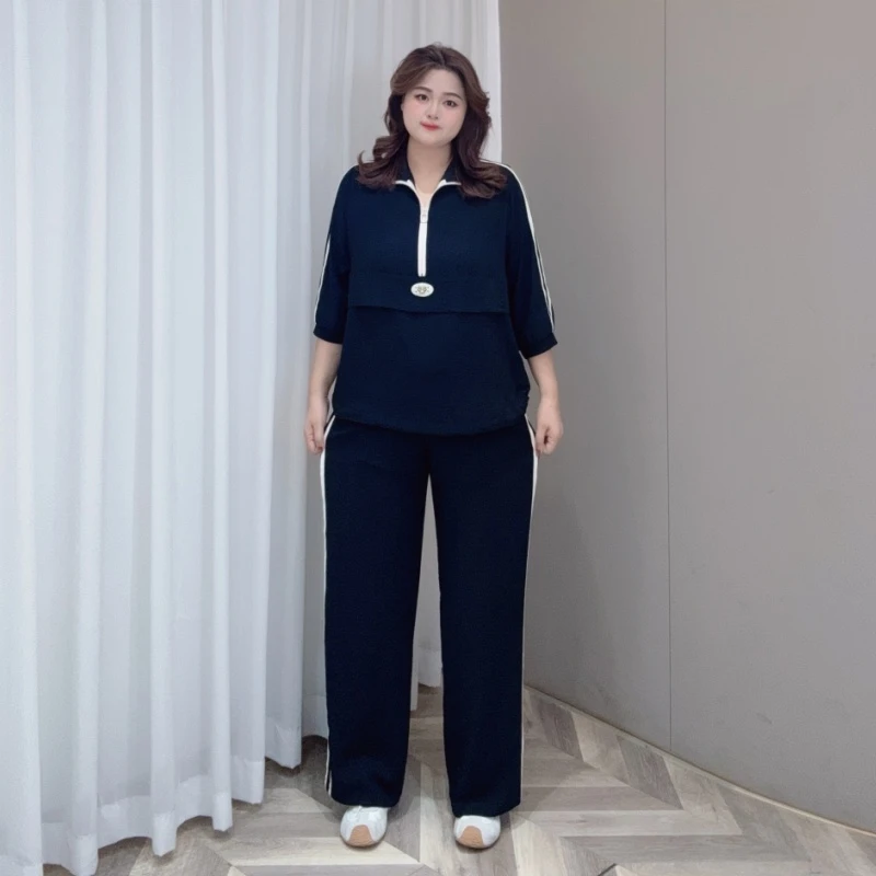 PWD33194【现货仅裤子】秋季休闲气质2条杠大码女装直筒裤【裤长102】