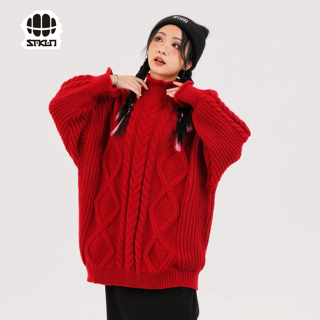 SAKUN复古慵懒风中长款麻花高领毛衣秋冬宽松3144-1314513-MM