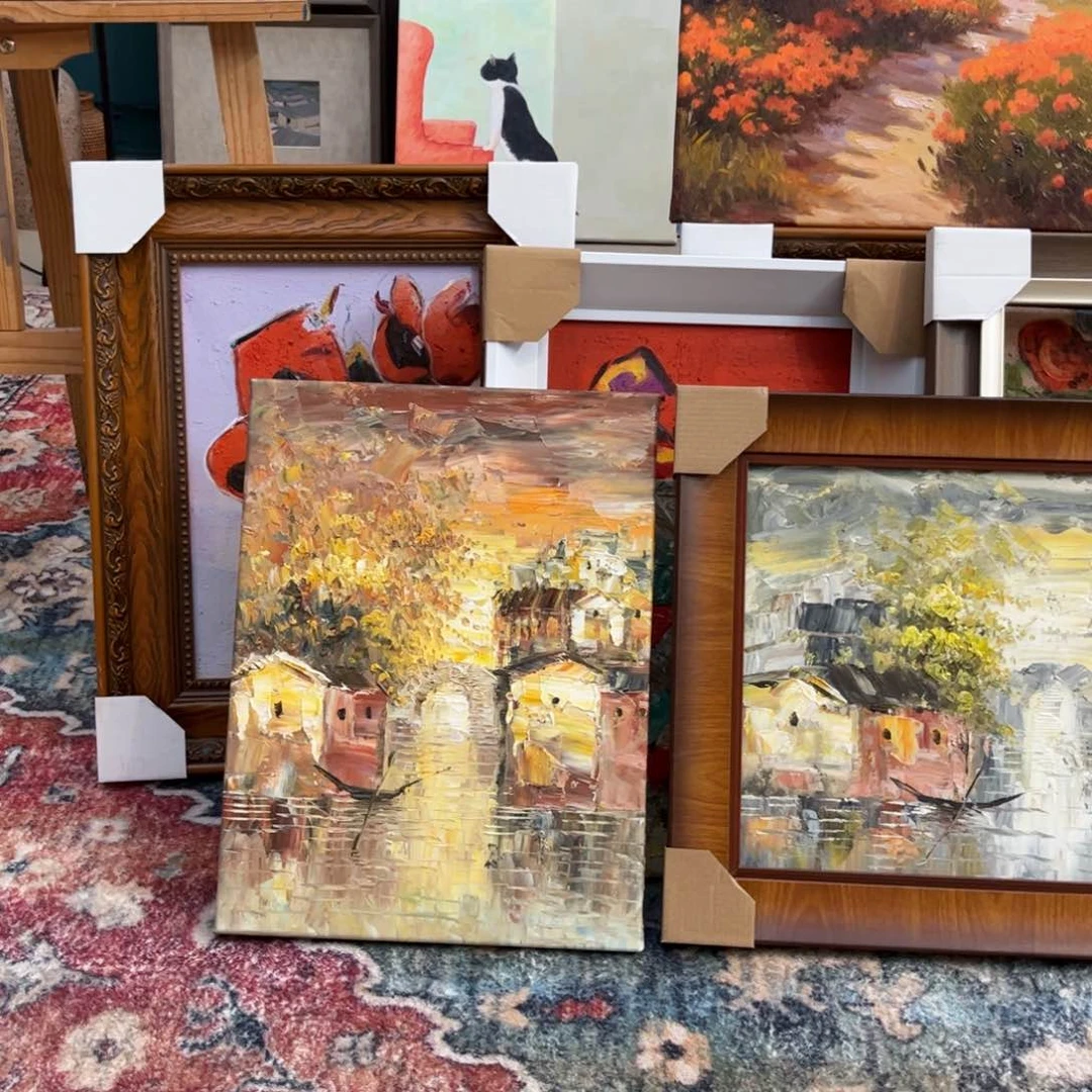 油画江南水乡带实木