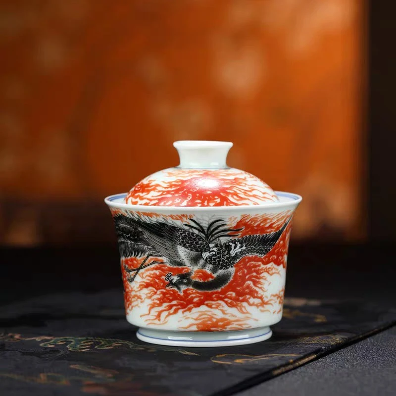 景德镇览源堂手工制作釉下彩火凤涅槃高端陶瓷茶具二才马蹄盖碗