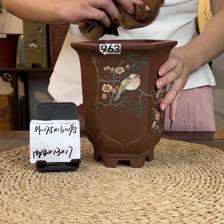 紫砂花盆 放漏特惠紫泥彩绘一路繁花六方963