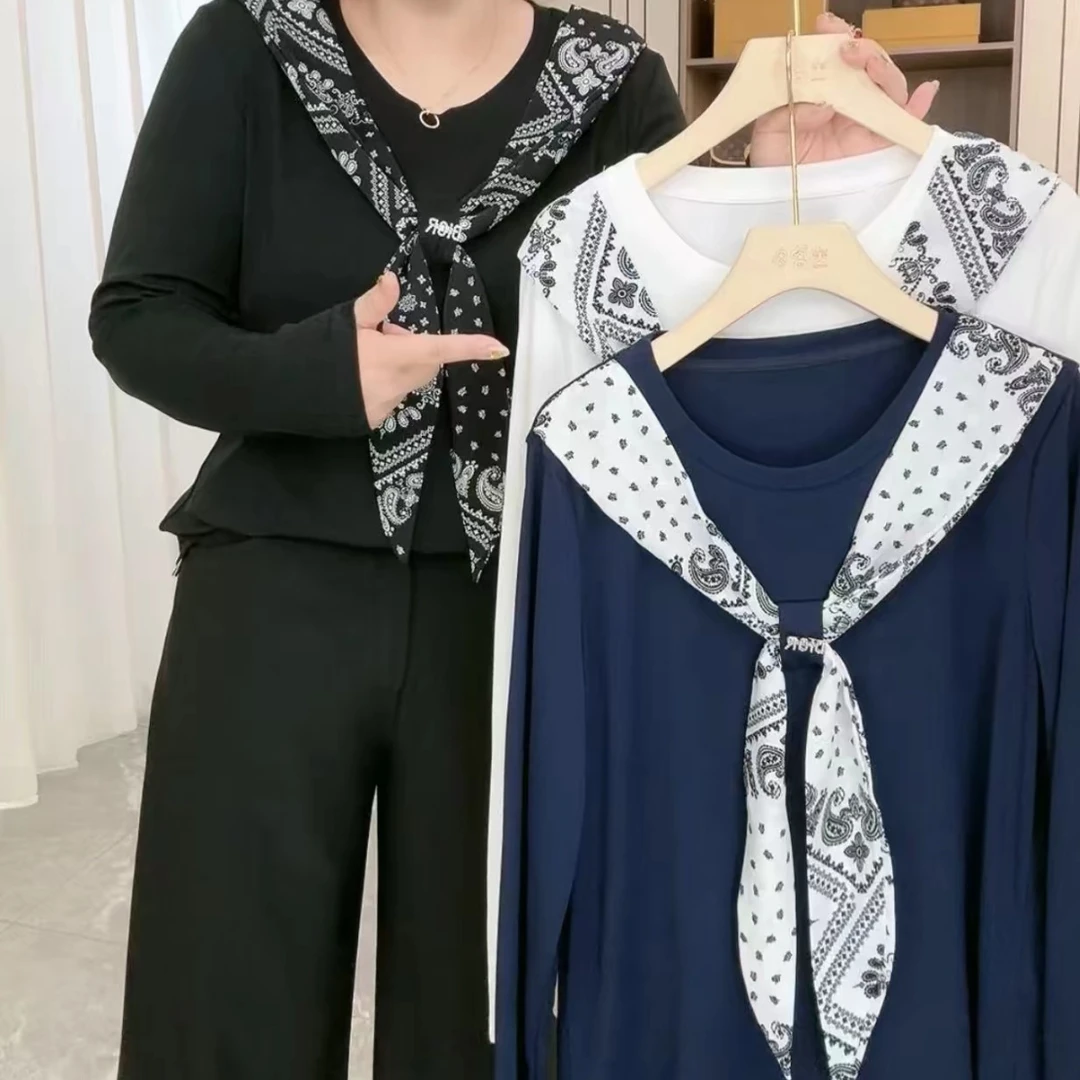 梦梦家8371款宽松显瘦休闲百搭洋气拼接丝巾领长袖衫