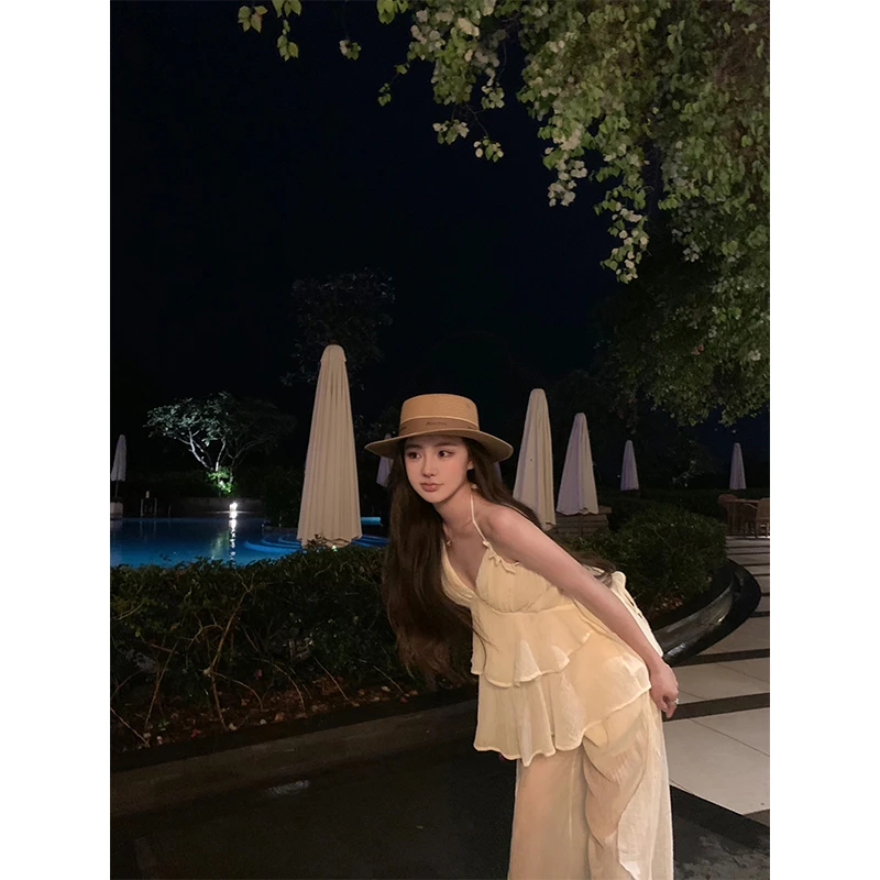 现货 气质雪纺套装女2025夏季纯欲性感吊带上衣+宽松休闲裤两件套