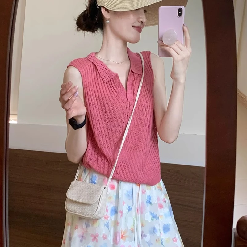 气质POLO领背心女大码夏季新款微胖妹妹宽松显瘦百搭纯色无袖上衣