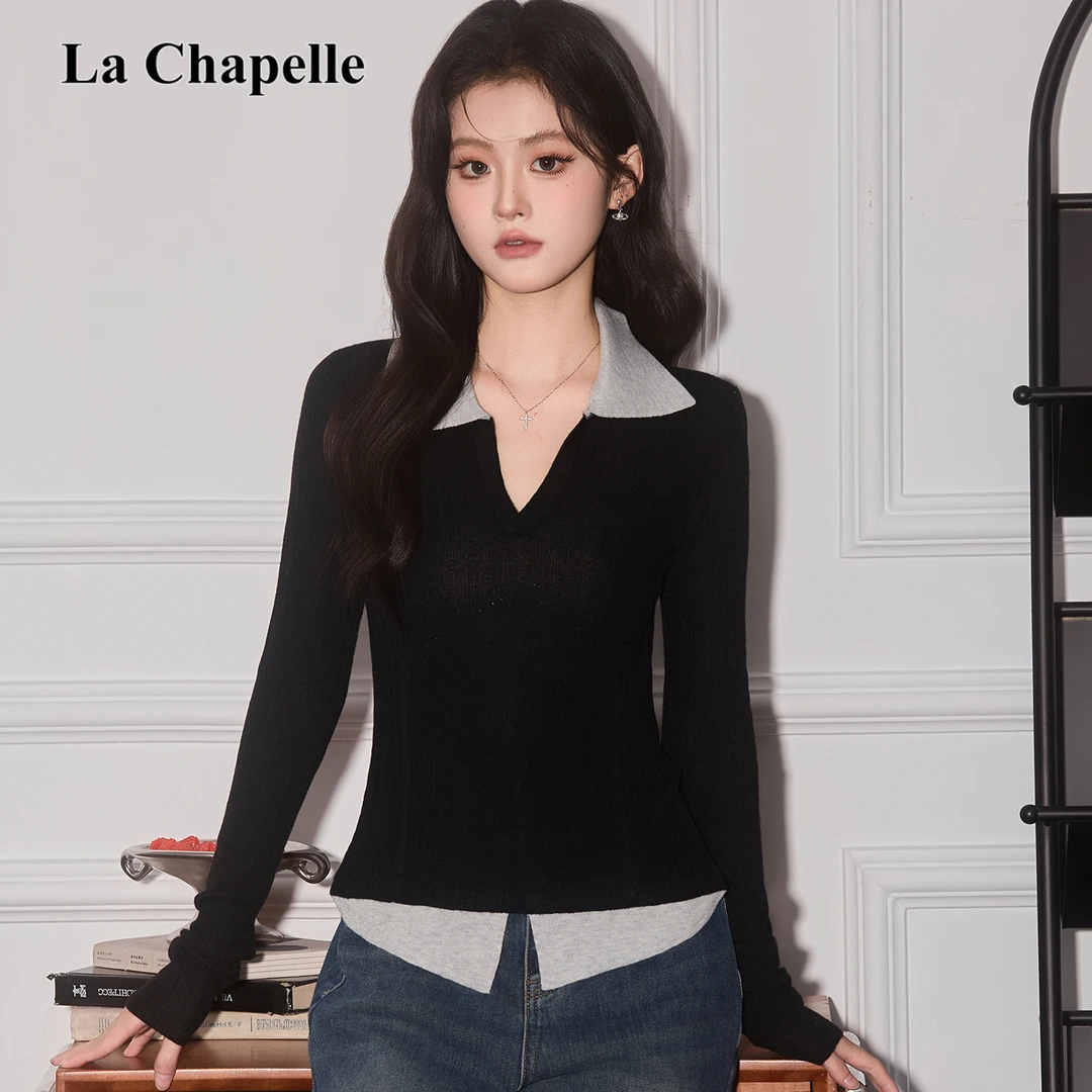 拉夏贝尔秋季新款假两件POLO领毛衣长袖针织衫女修身显瘦打底上衣