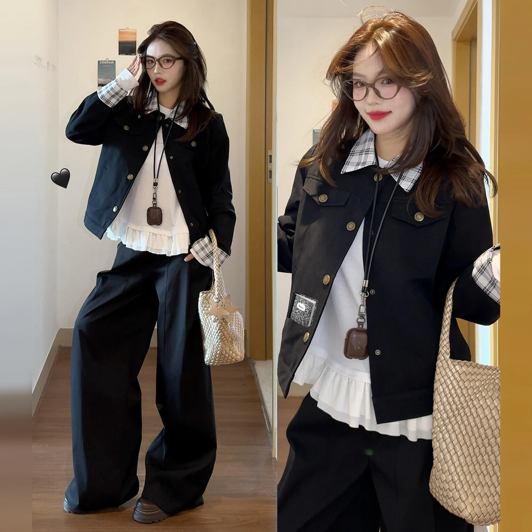 美式复古翻领格纹夹克外套女早秋2025新款气质巨好看短款工装上衣