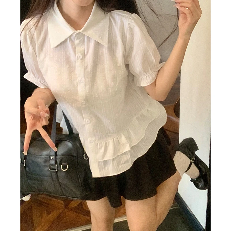 Kxm原创甜美风短袖衬衫女夏季薄款学院风小个子荷叶边泡泡袖上衣
