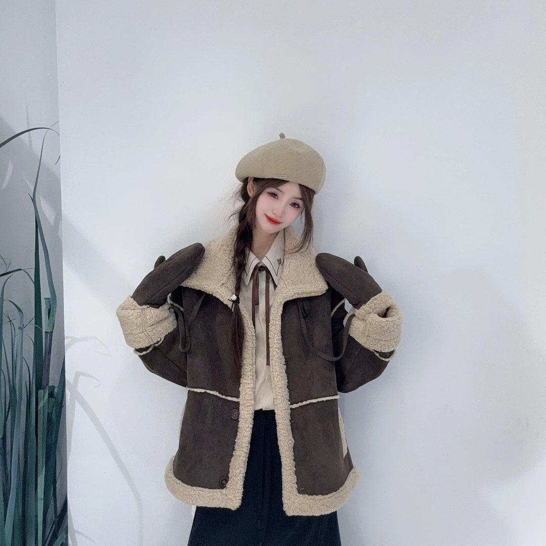 ED41860699韩系风宽松显瘦配手套时尚加厚羊羔毛外套皮毛一体外套