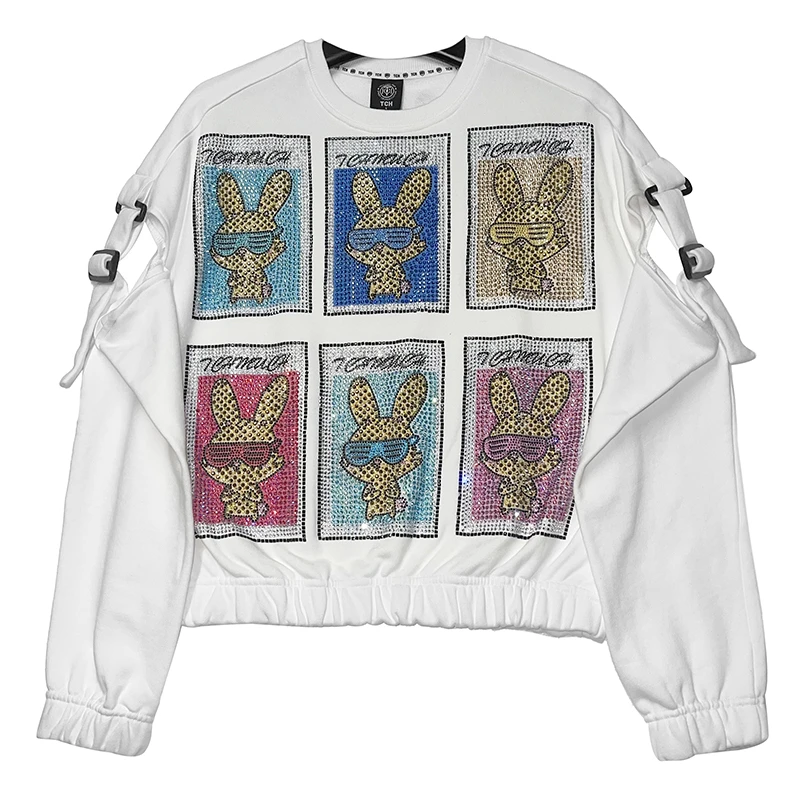 线上潮牌-TCH烫钻六宫格兔子烫钻冬休闲套头圆领卫衣T66C11E6020