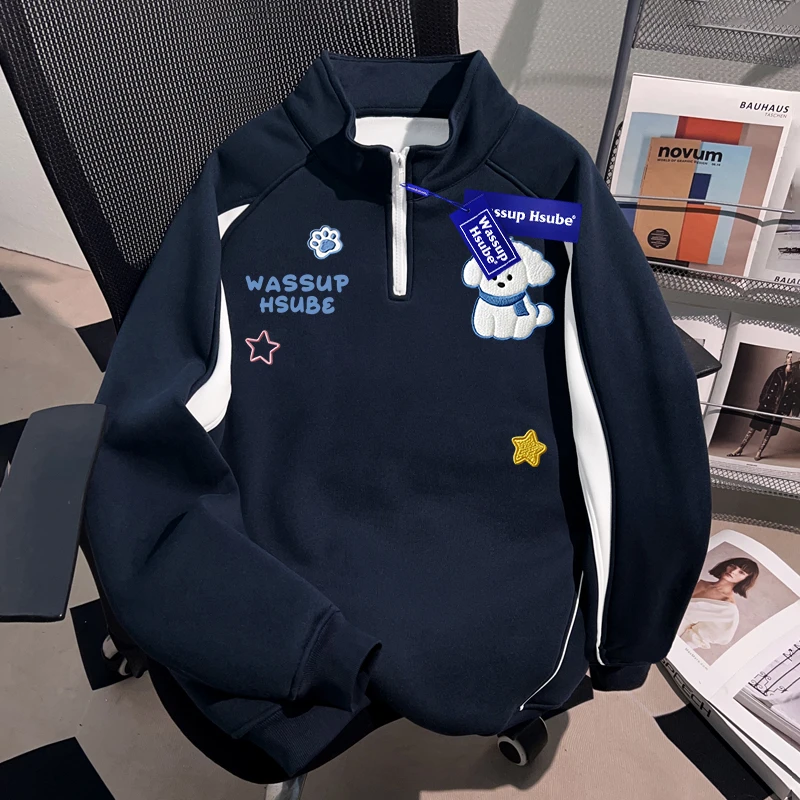 WASSUP HSUBE美式潮流半拉链立领卫衣外套国潮牌重磅慵懒棒球上衣