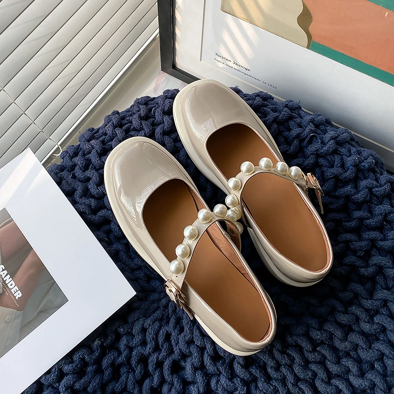 115/2cm羊漆皮珍珠浅口单鞋皮鞋夏季日系百搭乐福鞋圆头