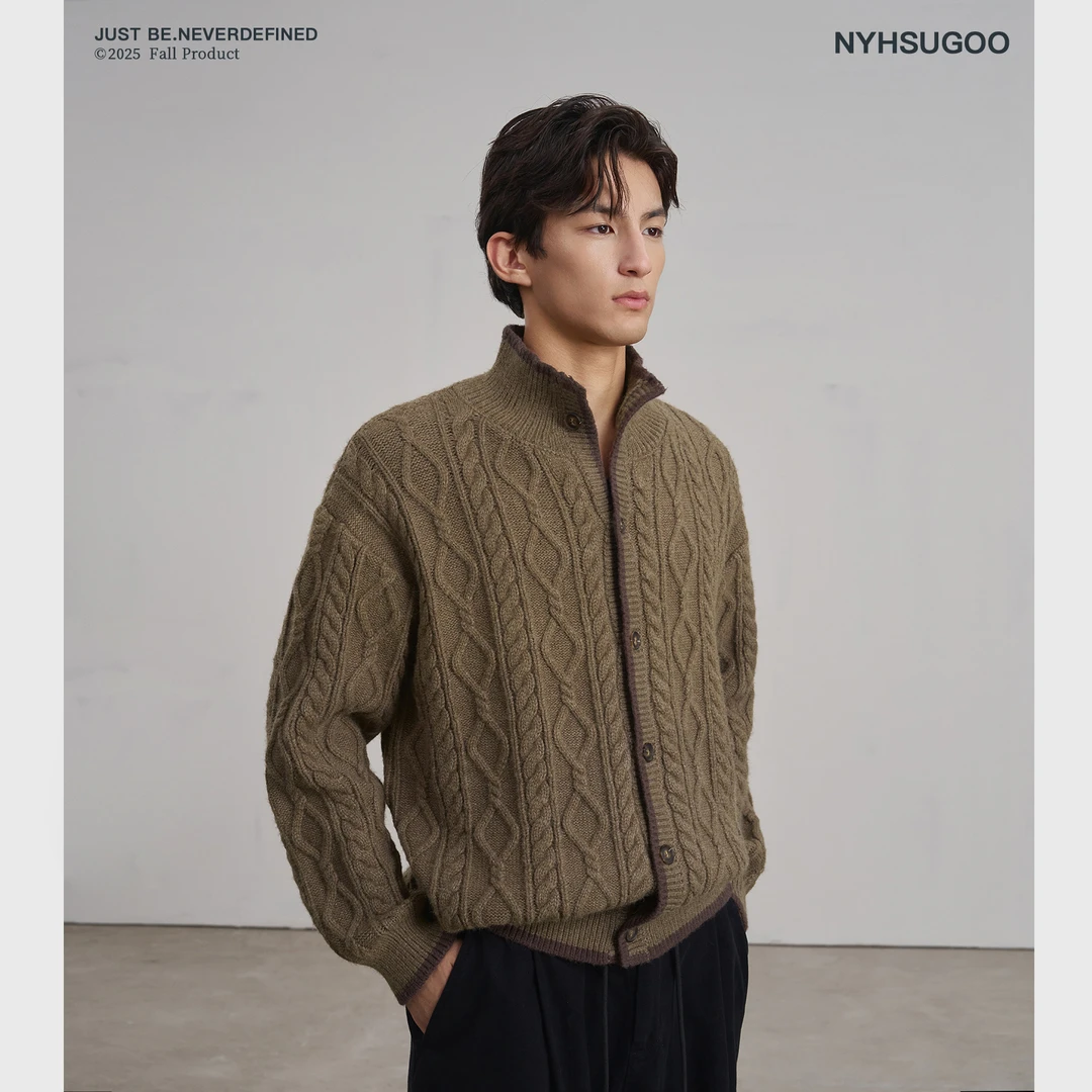 NYHSUGOO/南乙秋季重磅经典绞花编织开衫复古撞色3842男士毛衣