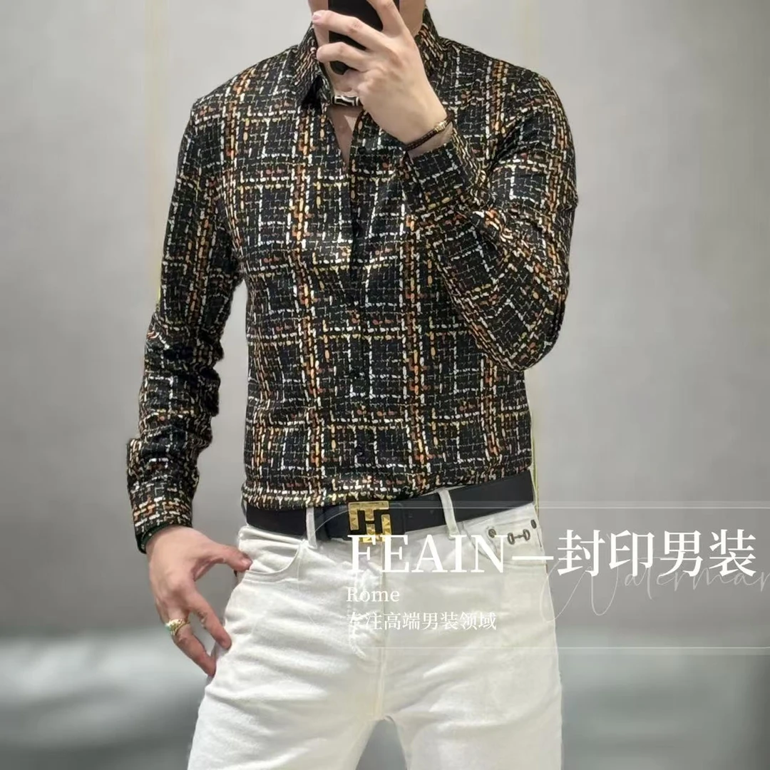 【罗马绒】高端男士磨毛拉绒立体小香风印花弹力衬衫2032