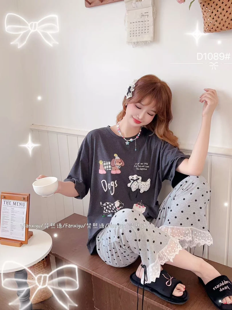 【欢欢精选】梵家波点小狗1089半袖长裤走点可爱时尚家居服