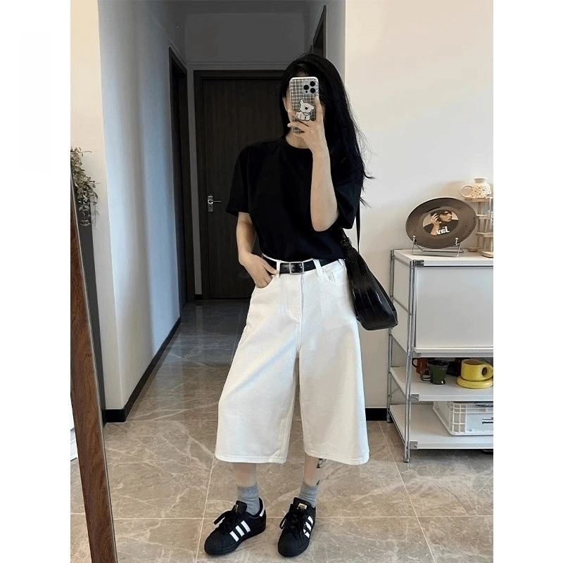 美式高街白色阔腿七分牛仔裤女2025夏季新款宽松高腰显瘦直筒裤子