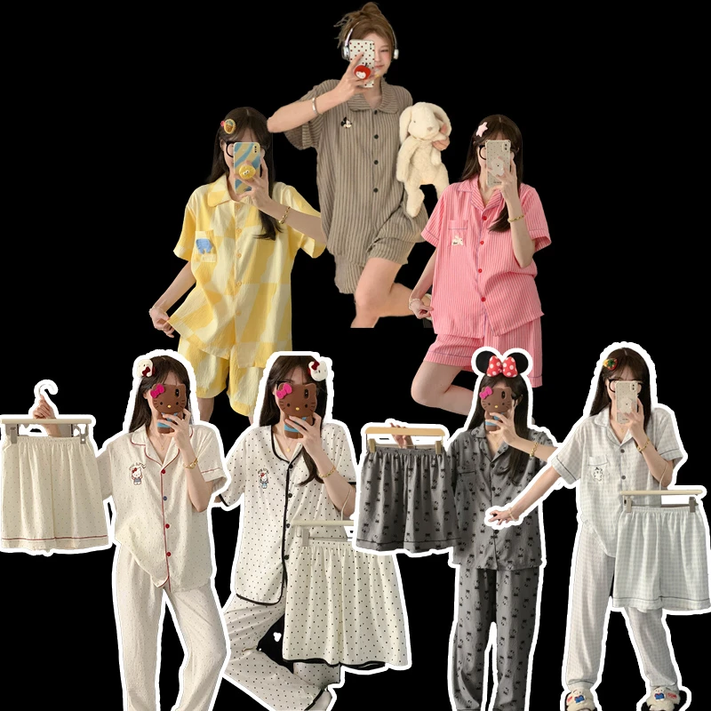 【现货短袖细纱绵】夏天短袖长裤云朵绵三件套可爱睡衣女学生家居服