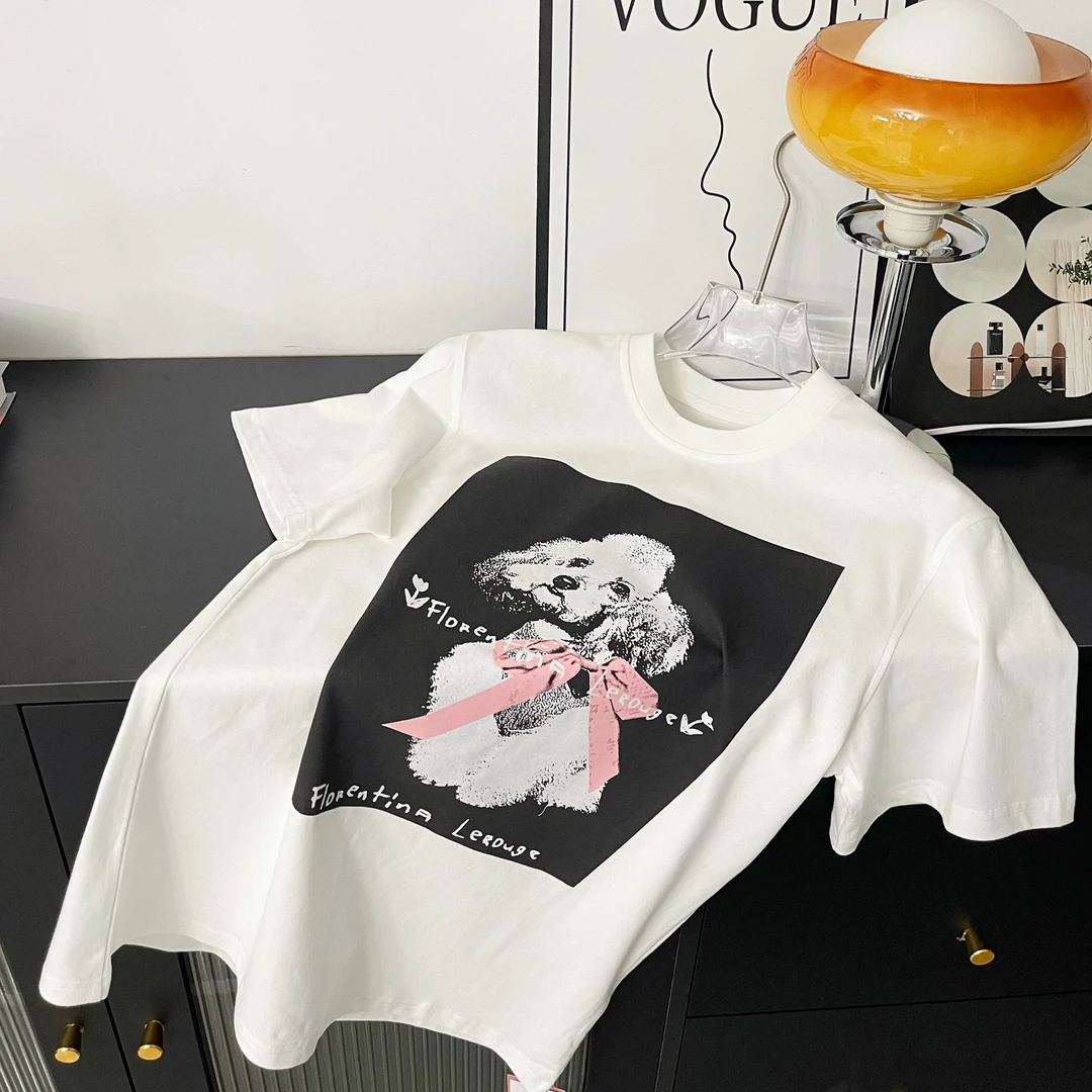 【像素小狗】蝴蝶结夏季印花中长款显瘦圆领印花纯棉宽松短袖T恤