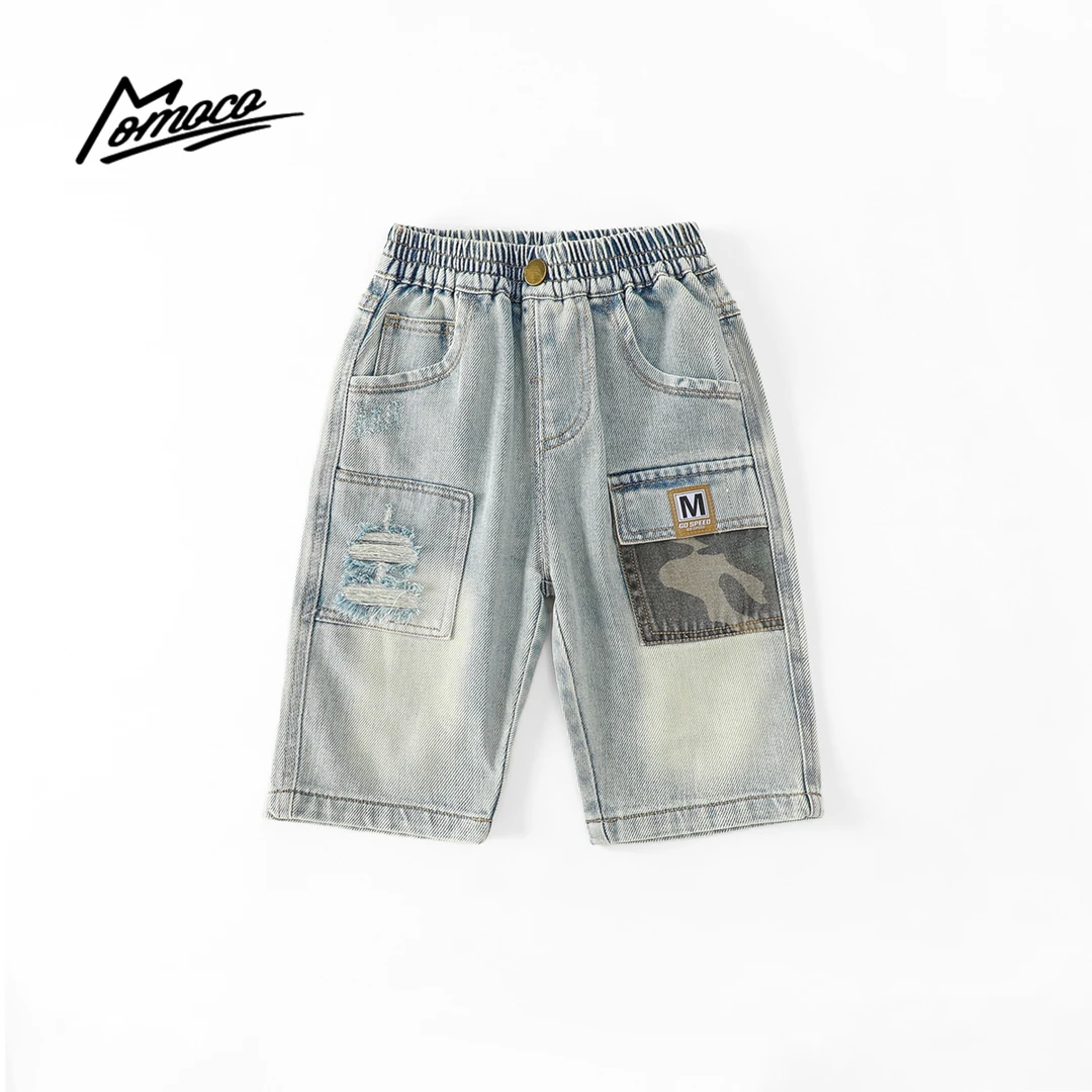 MOMOCO夏季男童牛仔七分裤拼接破洞裤子潮酷百搭下装75210351001