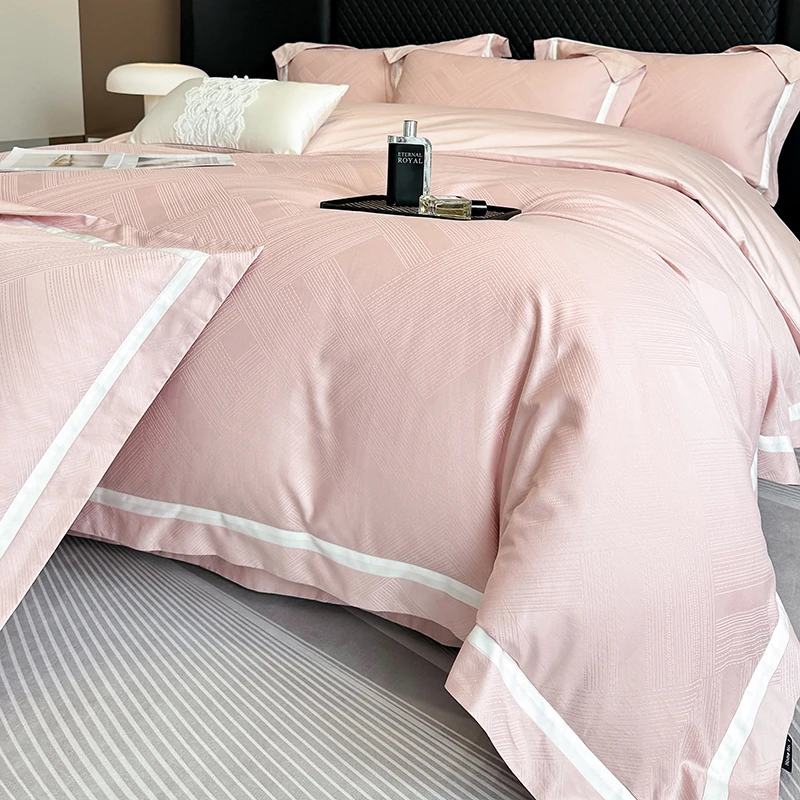 简约风A类全棉四件套长绒棉纯棉提花被套床单床笠四季床上四件套