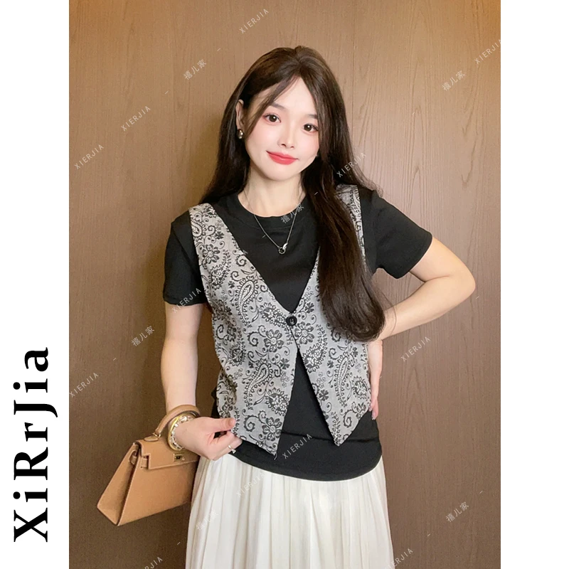 2025夏季减龄新款大码女装胖MM假两件设计感复古国潮洋气革百搭衫