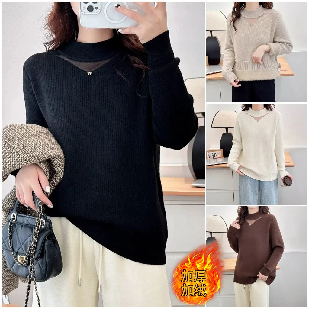 大码胖mm秋冬新款时尚洋气镂空显瘦加绒加厚保暖半高领针织衫2486