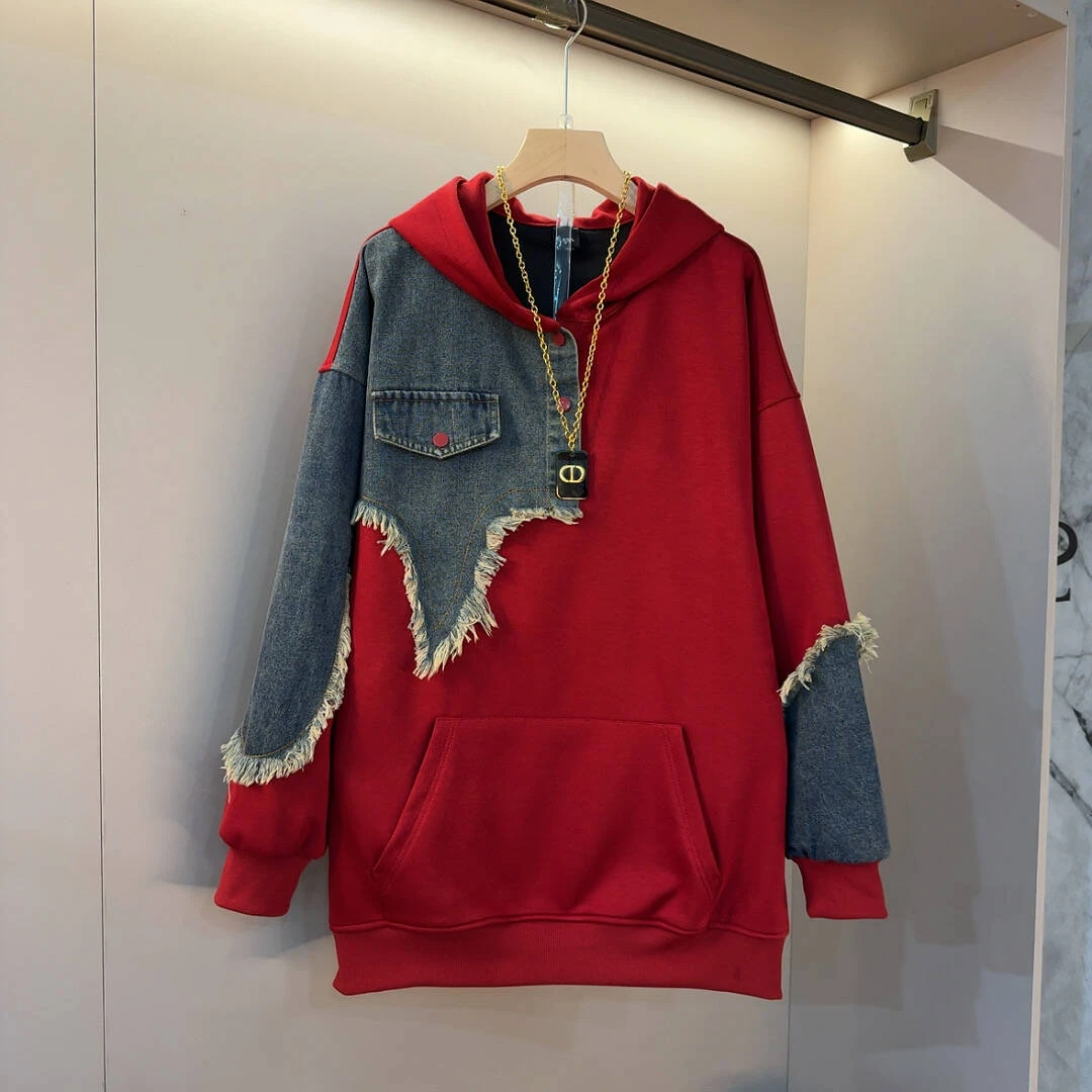 新款连帽拼接牛仔不规则设计感休闲大码女装显瘦遮肉卫衣5851