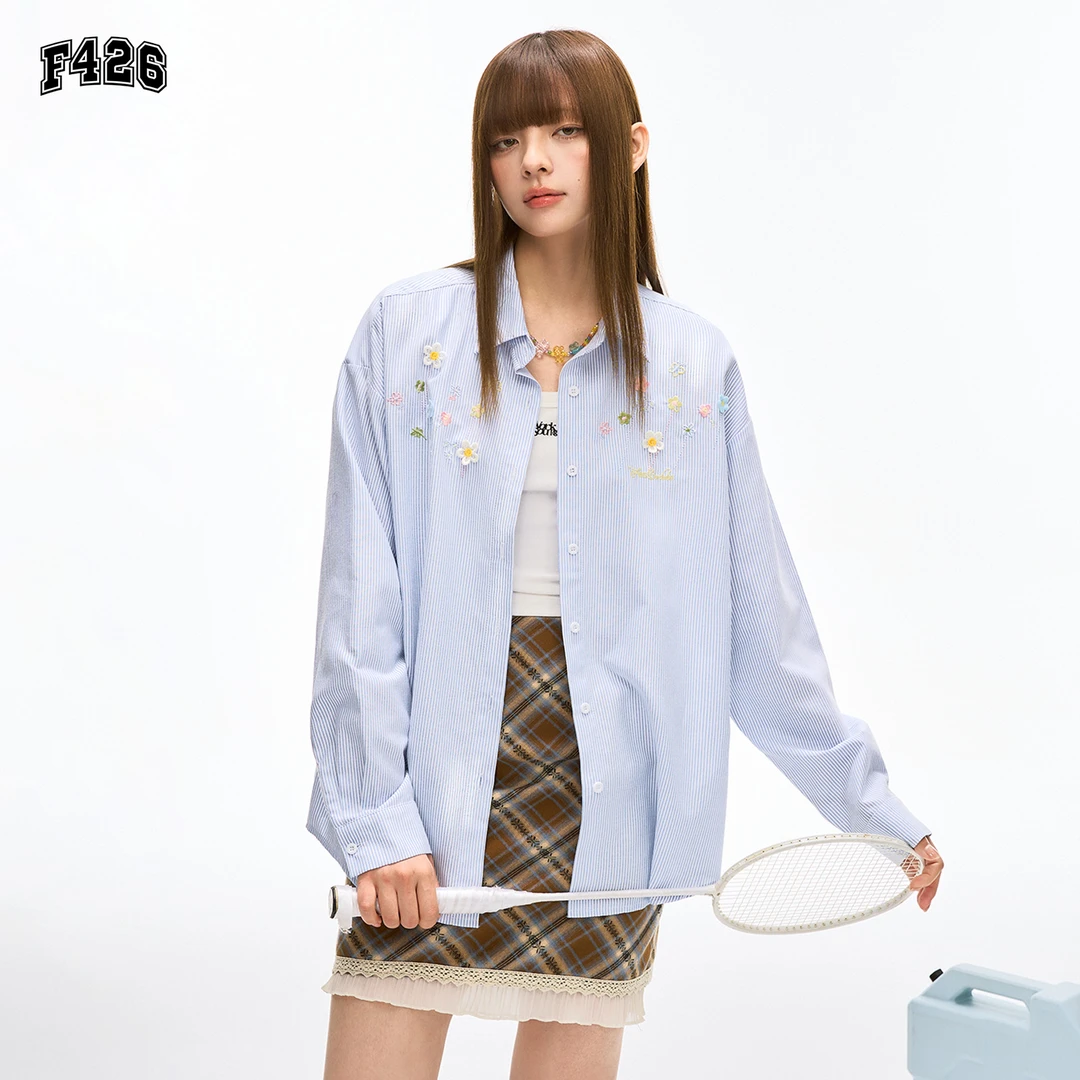 F426潮牌情侣秋季小花刺绣条纹长袖衬衫国潮气质文艺衬衫外套0112